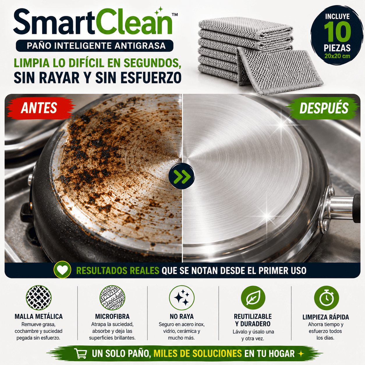 🧽 SmartClean™ Limpia sin esfuerzo ni desgaste