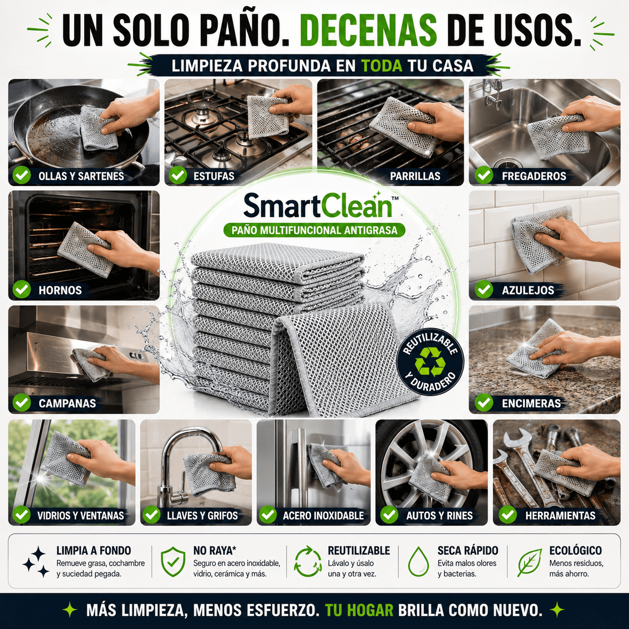 🧽 SmartClean™ Limpia sin esfuerzo ni desgaste